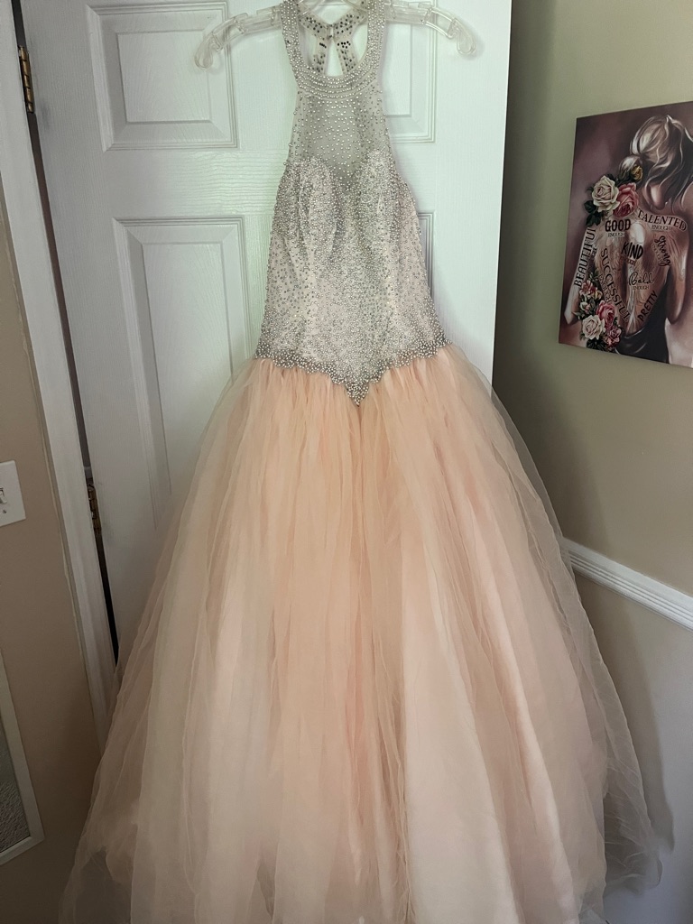 Crystal Beaded Embroidered Ball Gown In Blush And Ivory Halter Corset Top Size S